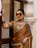 Brown Silk Sequence Embroidery Lace Saree
