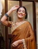 Brown Silk Sequence Embroidery Lace Saree