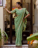 Dusty Green Shimmer Embroidery Saree