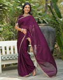 Wine Silk Sequence Embroidery Lace Saree