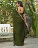 Mehandi Green Silk Sequence Embroidery Lace Saree