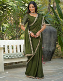Mehandi Green Silk Sequence Embroidery Lace Saree