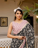 Ready To Wear Black Cotton Printed Saree