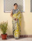 Ready To Wear Yellow Cotton Printed Saree
