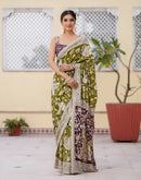 Ready To Wear Olive Green Cotton Printed Saree