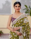 Ready To Wear Olive Green Cotton Printed Saree