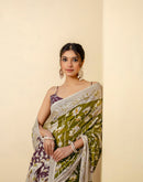 Ready To Wear Olive Green Cotton Printed Saree