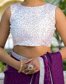 Dark Purple Shimmer Tissue Stone Work Swarovski Saree