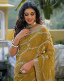 Mustard Green Shimmer Embroidery Saree