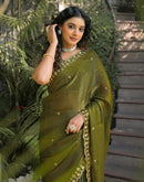 Mehandi Green Shimmer Tissue Sequence Embroidery Saree