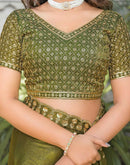 Mehandi Green Shimmer Tissue Sequence Embroidery Saree