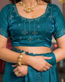 Teal Blue Shimmer Stone Work Swarovski Saree