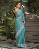 Dusty Teal Green Shimmer Tissue Embroidery Saree