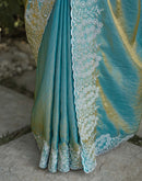 Dusty Teal Green Shimmer Tissue Embroidery Saree