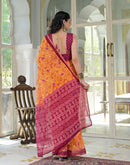 Ready To Wear Orange Cotton Linen Printed Saree