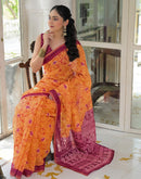 Ready To Wear Orange Cotton Linen Printed Saree