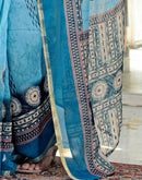 Ready To Wear Sky Blue Cotton Linen Printed Saree