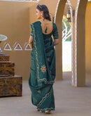 Dusty Teal Blue Crush Tissue Embroidery Saree