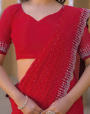 Red Georgette Stone Work Swarovski Saree