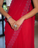 Red Georgette Stone Work Swarovski Saree
