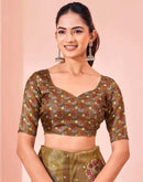Ready To Wear Olive Green Silk Foil Printed Saree