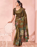 Ready To Wear Olive Green Silk Foil Printed Saree