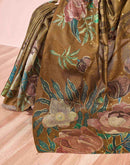 Ready To Wear Olive Green Silk Foil Printed Saree