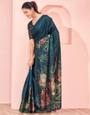Ready To Wear Dark Peacock Blue Silk Foil Printed Saree