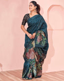 Ready To Wear Dark Peacock Blue Silk Foil Printed Saree