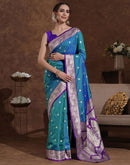 Teal Blue Silk Woven Banarasi Saree