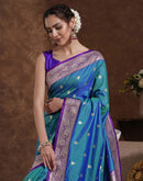Teal Blue Silk Woven Banarasi Saree
