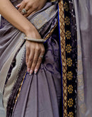 Grey Chiffon Printed Lace Saree