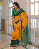 Yellow Georgette Bandhani Printed Lace Saree