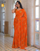 Orange Georgette Bandhani Printed Lace Saree