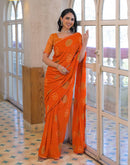 Orange Georgette Bandhani Printed Lace Saree