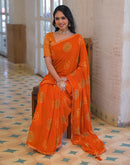 Orange Georgette Bandhani Printed Lace Saree