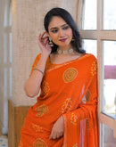 Orange Georgette Bandhani Printed Lace Saree