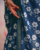 Ready To Wear Blue Silk Floral Printed Saree