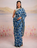 Ready To Wear Blue Silk Floral Printed Saree