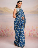 Ready To Wear Blue Silk Floral Printed Saree