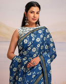 Ready To Wear Blue Silk Floral Printed Saree