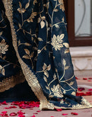 Rama Blue Georgette Embroidery Saree