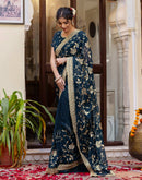 Rama Blue Georgette Embroidery Saree