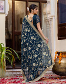 Rama Blue Georgette Embroidery Saree