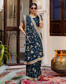 Rama Blue Georgette Embroidery Saree