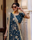 Rama Blue Georgette Embroidery Saree