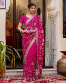 Dark Pink Georgette Embroidery Saree