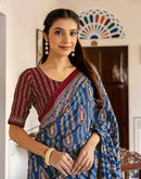 Blue Cotton Printed Saree