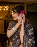 Dark Brown Cotton Printed Saree