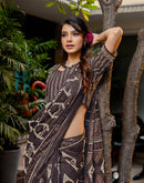Dark Brown Cotton Printed Saree